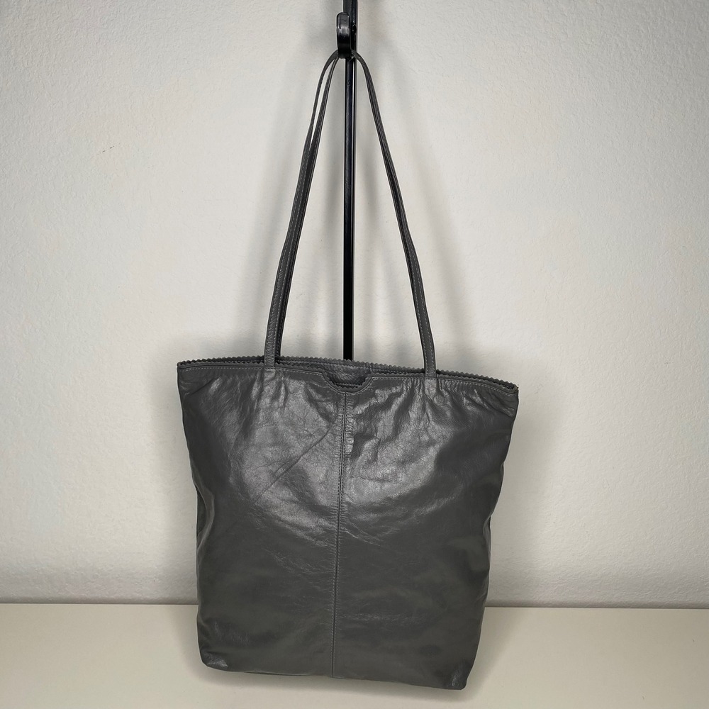 Latico NJ USA Gray Leather Tote Bag Scalloped Trim Floral Lining Shoulder Bag
